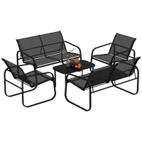 Outsunny 5-Piece Patio Furniture Set, Outdoor Conversation Set with 2 Loveseats, 2 Armchairs, Glass-Top Table, Black(m-11)