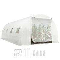 Outsunny Walk-in Tunnel Greenhouse with 2 Support Rods, Mesh Door, Plant Hot House with PE Cover, 20'x10'x7', White(m-11)