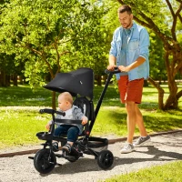 Qaba Kids Tricycle, 4 in 1 Foldable Trike with Reversible Seat, Adjustable Parent Handle, Safety Harness, Wheel Brakes, Removable Canopy, Storage, Tricycle for Toddlers 1-5 Years, Black(m-2)