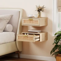 HOMCOM Floating Bedside Tables Set of 2, Wall Mounted Nightstands with Rattan Drawer and Wood Effect, Oak(m-1)