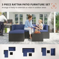 Outsunny 3 Piece Patio Furniture Set, Wicker Outdoor Patio Conversation Furniture Set with Cushions, Glass Top Table, Navy Blue(m-4)