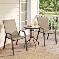 Outsunny 3 Pieces Bistro Set, Small Patio Furniture Set with Stackable Mesh Chairs, Glass Table for Garden, Light Mixed Brown(m-10)