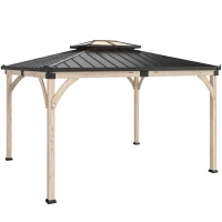 Outsunny 12' x 14' Hardtop Gazebo Canopy with Galvanized Steel Roof, Wood Frame, Double Roof Outdoor Gazebo, Light Walnut(m-14)