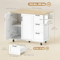 HOMCOM Kitchen Island with Drop Leaf, Rolling Kitchen Cart with Power Outlet, Cabinet, 3 Drawers, Spice Rack, Towel Bar, White(m-3)