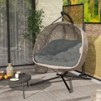 Outsunny Hanging Egg Chair with Stand, Foldable Basket Swing Chair with Removable Washable Cushion, Dark Grey(m-10)