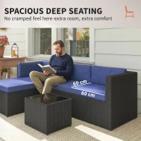 Outsunny 3 Piece Patio Furniture Set, Wicker Outdoor Patio Conversation Furniture Set with Cushions, Glass Top Table, Navy Blue(m-7)