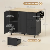 HOMCOM Kitchen Island with Drop Leaf, Rolling Kitchen Cart with Power Outlet, Cabinet, 3 Drawers, Spice Rack, Towel Bar, Black(m-3)