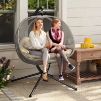 Outsunny Double Egg Chair with Stand, 2 Person Hanging Swing Egg Chair with Cushion, Pockets, Khaki(m-1)
