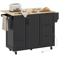 HOMCOM Kitchen Island with Drop Leaf, Rolling Kitchen Cart with Power Outlet, Cabinet, 3 Drawers, Spice Rack, Towel Bar, Black(m-2)
