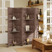 HOMCOM 5 Panel 67" Tall Wood Privacy Screen Room Divider with 3 Shelves and Folding Storage for Bedroom, Walnut(m-2)