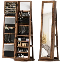 HOMCOM 360° Swivel Jewelry Armoire, Lockable Jewelry Cabinet with Full-Length Mirror, Storage Shelves, Rustic Brown(m-11)