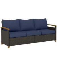Outsunny 3 Seater Outdoor Couch Sofa, PE Wicker Patio Sofa, Wide Deep Seat, 4" Cushions, Wood-Effect Armrests Legs, Dark Blue(m-11)