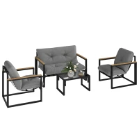 Outsunny 4 Piece Patio Furniture Set, Outdoor Loveseat Sofa Set with Thick Cushions and Coffee Table, Light Grey(m-11)