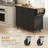 HOMCOM Kitchen Island with Drop Leaf, Rolling Kitchen Cart with Power Outlet, Cabinet, 3 Drawers, Spice Rack, Towel Bar, Black(m-9)