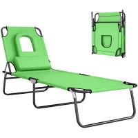 Outsunny Folding Chaise Lounge Chair, Reclining Beach Tanning Chair with Face Hole, Pillow, 4-Position Adjustable Lay Flat Sun Lounger, Steel Frame for Outdoor Patio Pool, Green(m-2)