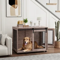 PawHut 39" Dog Crate Furniture, Dog Kennel Furniture End Table with Sliding Barn Door for Large Dogs, Walnut Brown(m-2)