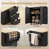 HOMCOM Kitchen Island with Drop Leaf, Rolling Kitchen Cart with Power Outlet, Cabinet, 3 Drawers, Spice Rack, Towel Bar, Black(m-6)