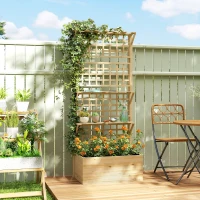 Outsunny Wooden Raised Garden Bed with Trellis and Roof, Elevated Planter Box with 2 Shelves, Drainage Hole and Liner, Natural(m-2)