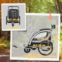 Aosom 2 Seat Bike Trailer for Kids 2-in-1 Baby Stroller with Handbrake, Rubber Wheels, 5 Point Harness, Reflectors, Grey(m-3)