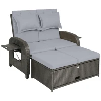 Outsunny Patio Rattan Daybed, Wicker Outdoor Daybed with Storage Ottoman, Loveseat w/ Adjustable Backrest, Side Tables, Gray(m-11)