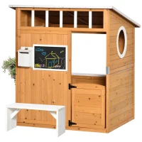Outsunny Wooden Outdoor Playhouse for Kids with Working Door, Windows, Mailbox, Bench, Flowers Box and Blackboard, Yellow(m-2)