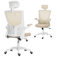 HOMCOM Ergonomic Office Chair, Swivel Desk Chair with Adjustable Lumbar Support, Headrest and Height, Flip-up Armrests, Beige(m-11)