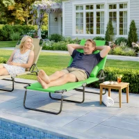Outsunny Folding Chaise Lounge Chair, Reclining Beach Tanning Chair with Face Hole, Pillow, 4-Position Adjustable Lay Flat Sun Lounger, Steel Frame for Outdoor Patio Pool, Green(m-8)
