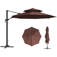 Outsunny 11ft Cantilever Patio Umbrella with Base, Double Top Hanging Aluminum Offset Umbrella with 360° Rotation, Easy Tilt, 8 Ribs, Crank, Cross Base for Backyard, Brown(m-1)
