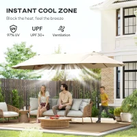 Outsunny 15' Outdoor Patio Umbrella with Twin Canopy Sunshade Steel Table Umbrella with Lift Crank Beige(m-5)