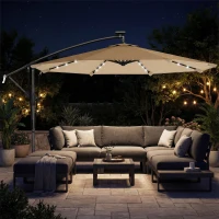 Outsunny 9.7ft Solar LED Cantilever Patio Umbrella with 32 LED Lights, Cross Base, Crank Handle, for Poolside, Deck, Khaki(m-1)
