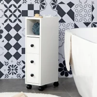 kleankin Slim Bathroom Cabinet with Wheels, Narrow Bathroom Storage Cabinet with Door, Drawer and 2 Open Compartments, White(m-8)