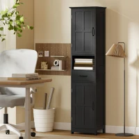 kleankin Modern Bathroom Cabinet, Narrow Bathroom Vanities with Open Shelf Drawer Recessed Doors and Adjustable Shelves Black(m-9)