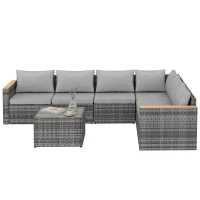Outsunny 7 Piece Patio Furniture Set, L-Shaped Wicker Outdoor Sectional Sofa with Faux Wood Coffee Table, Cushions, Light Grey(m-2)