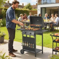 Outsunny 2 Burner Propane Gas Grill, 18000 BTU BBQ Grill with Wheels, Warming Rack, Shelf, Thermometer, Grease Cup, Black(m-2)