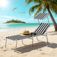 Outsunny Outdoor Pool Chaise Lounge Chair, Folding Tanning Chair with Sun Shade, Black and White(m-9)