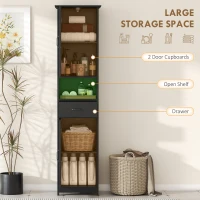 kleankin Modern Bathroom Cabinet, Narrow Bathroom Vanities with Open Shelf Drawer Recessed Doors and Adjustable Shelves Black(m-4)