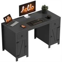 HOMCOM 53" Farmhouse Executive Desk, Computer Desk with Drawers and 2 Cabinets, Study Table for Home Office, Black Wood Grain(m-11)