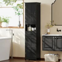 kleankin Modern Bathroom Cabinet, Narrow Bathroom Vanities with Open Shelf Drawer Recessed Doors and Adjustable Shelves Black(m-1)
