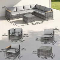 Outsunny 7 Piece Patio Furniture Set, L-Shaped Wicker Outdoor Sectional Sofa with Faux Wood Coffee Table, Cushions, Light Grey(m-3)