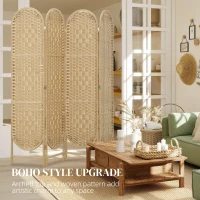 HOMCOM Bohemian Privacy Screen, Folding Room Divider with 4 Panels and Arched Top for Bedroom Living Room Office, Natural Wood(m-5)
