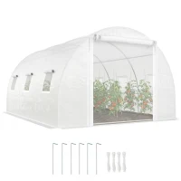 Outsunny Walk-in Tunnel Greenhouse, Plant Hot House w/ Support Rods, Roll-up Mesh Door, Mesh Windows, 13'x9.8'x6.6', White(m-11)