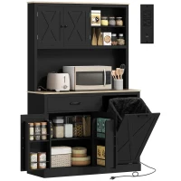 HOMCOM 69" Pantry Cabinet with Charging Station, Kitchen Cabinet with Microwave Stand, Tilt-Out Trash Can Cabinet, Black(m-2)