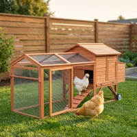 PawHut 96.5" Chicken Coop Wooden Hen House Poultry Cage Pen Portable with Wheels and Nesting Box, Chicken Cage for Backyard Outdoor, Natural(m-3)