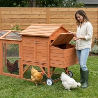 PawHut 96.5" Chicken Coop Wooden Hen House Poultry Cage Pen Portable with Wheels and Nesting Box, Chicken Cage for Backyard Outdoor, Natural(m-10)