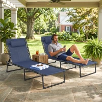 Outsunny 2 Folding Chaise Lounge Pool Chairs with 4-Position Reclining Back, Pillow, Breathable Mesh & Bungee Seat, Dark Blue(m-7)