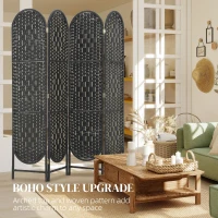HOMCOM Bohemian Privacy Screen, Folding Room Divider with 4 Panels and Arched Top for Bedroom Living Room Office, Black(m-5)