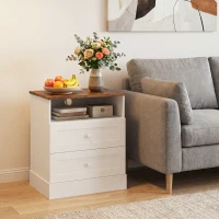 HOMCOM Nightstand with Charging Station 2 Drawers Bedside Table Set of 2 White and Oak(m-8)
