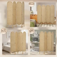 HOMCOM Bohemian Privacy Screen, Folding Room Divider with 4 Panels and Arched Top for Bedroom Living Room Office, Natural Wood(m-9)