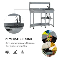 Outsunny Potting Bench Table, Outdoor Garden Table Wooden Work Station with Removable Sink, Faucet, Drawer, Shelves, Hooks, Gray(m-4)