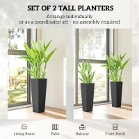 Outsunny 23.6 Inch Tall Planters for Outdoor Plants, Set of 2 Plastic Flower Pots with Drainage Holes, Black(m-4)